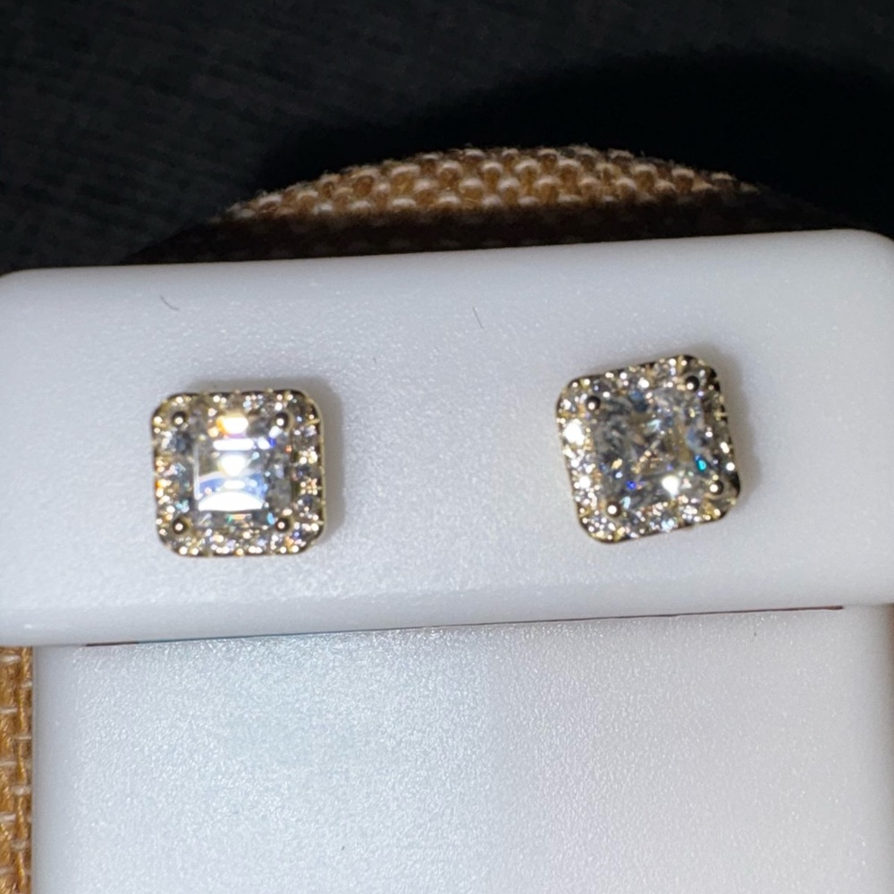14K Gold Over Solid Sterling Silver .93 Carat Cushion Cut  Moissanite Earrings - Picture 3 of 4